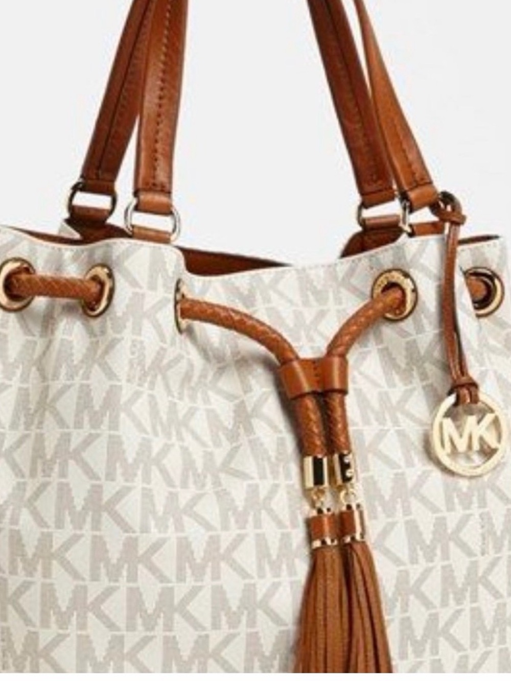 Michael Kors Cream and Brown Logo Tassel Drawstring Tote